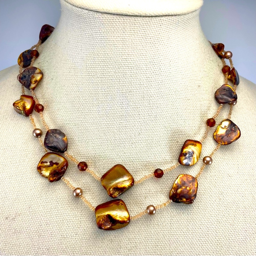 Mother of Pearl Glass Beaded Necklace Artisan Brown Tortoise Color Layer